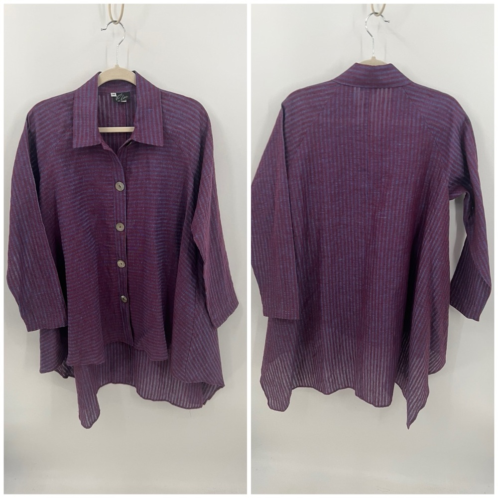 West Love Los Angeles linen stripe lagenlook button front tunic top